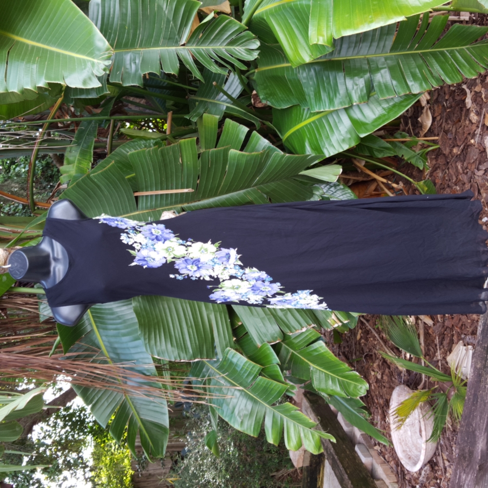 Vtg beaded dark floral column tea dress...